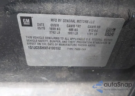 2015 Chevrolet Sonic Lt Auto из США, поврежденный, VIN 1G1JC5SHXF4199192